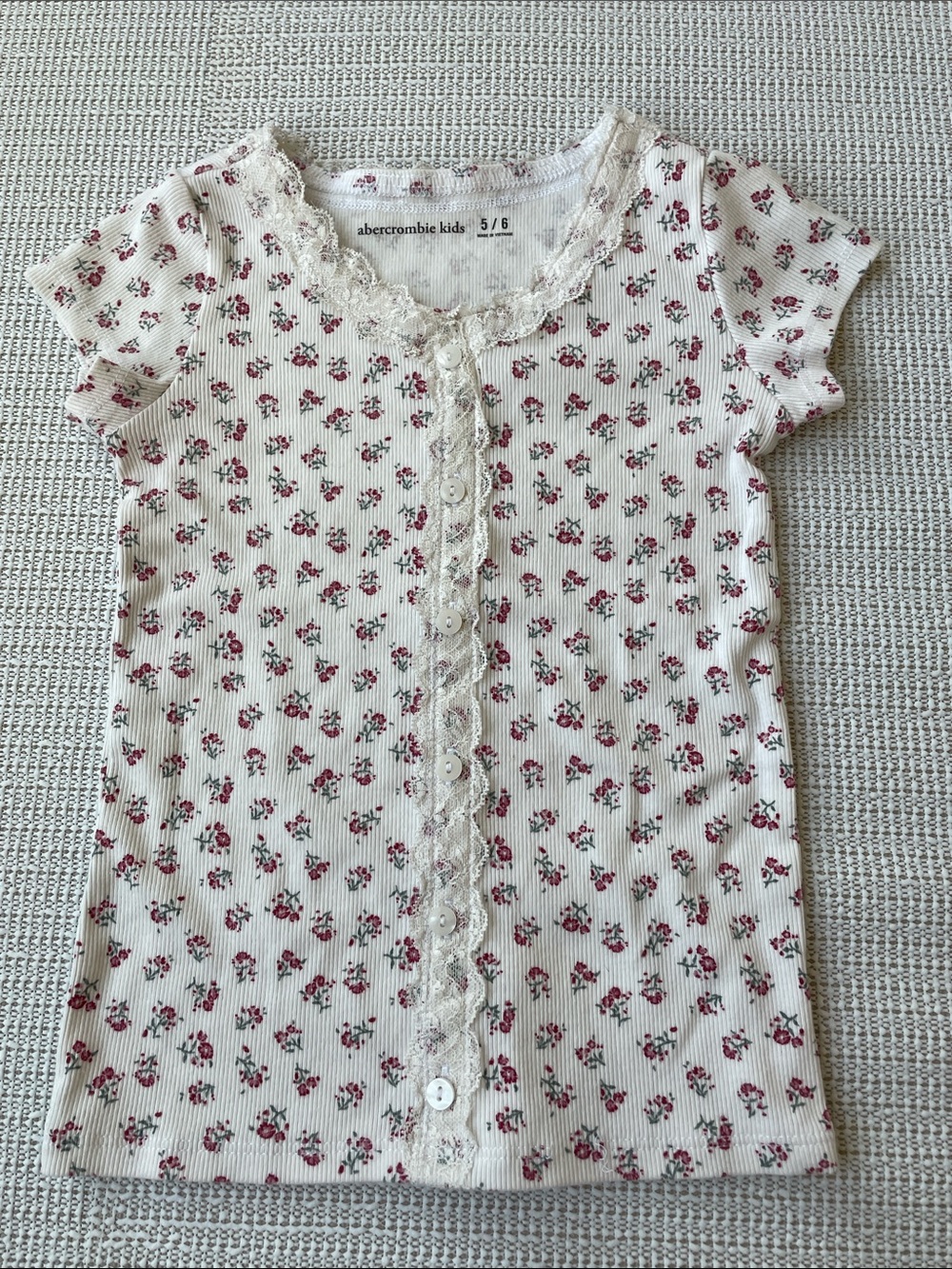 abercrombie kids Cream Tee with Red Floral Print and Lace Trim